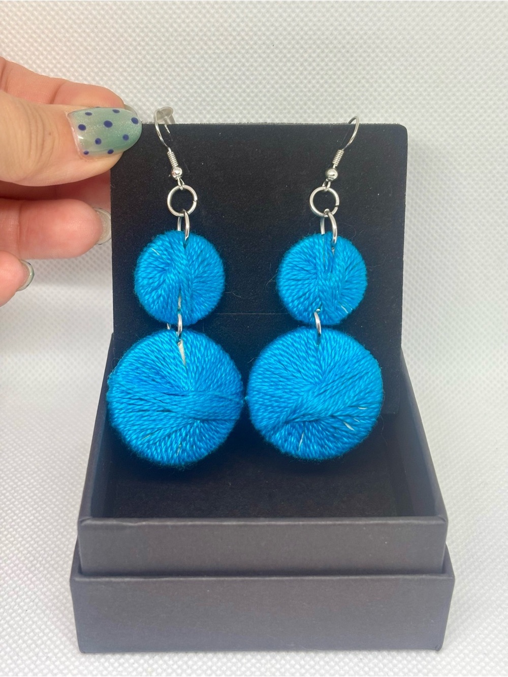 Handmade Blue Double Pom Drop Earrings